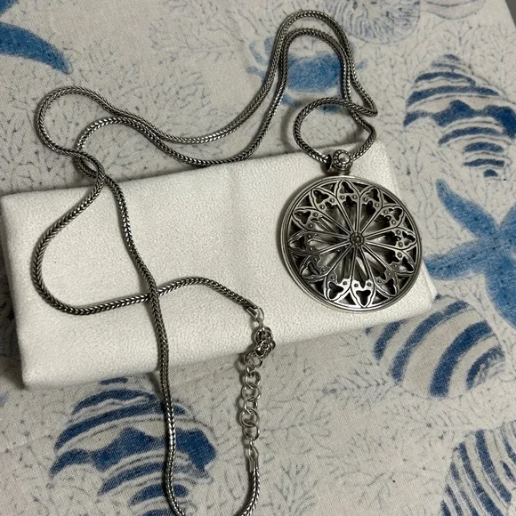 Brighton Capella Long Necklace Silver Plated 2"D Medallion Thick Chain